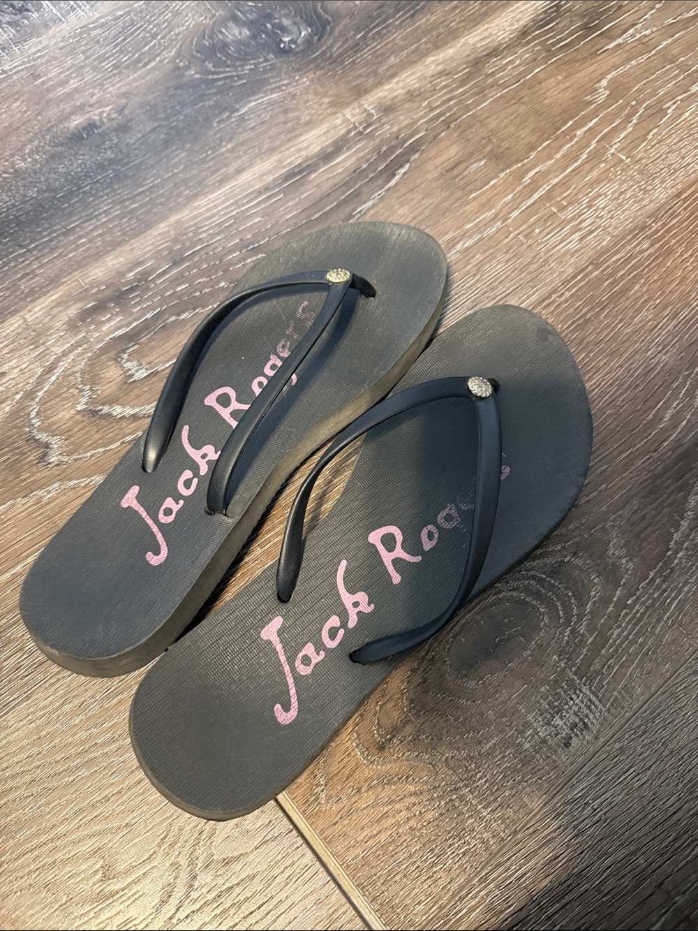 Jack Rogers Black Flip Flop Sandals with Pink Logo